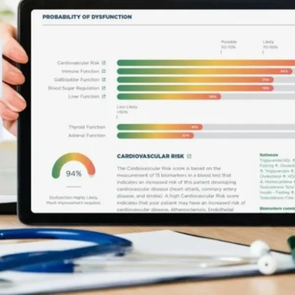 A functional blood analysis report shown on a tablet