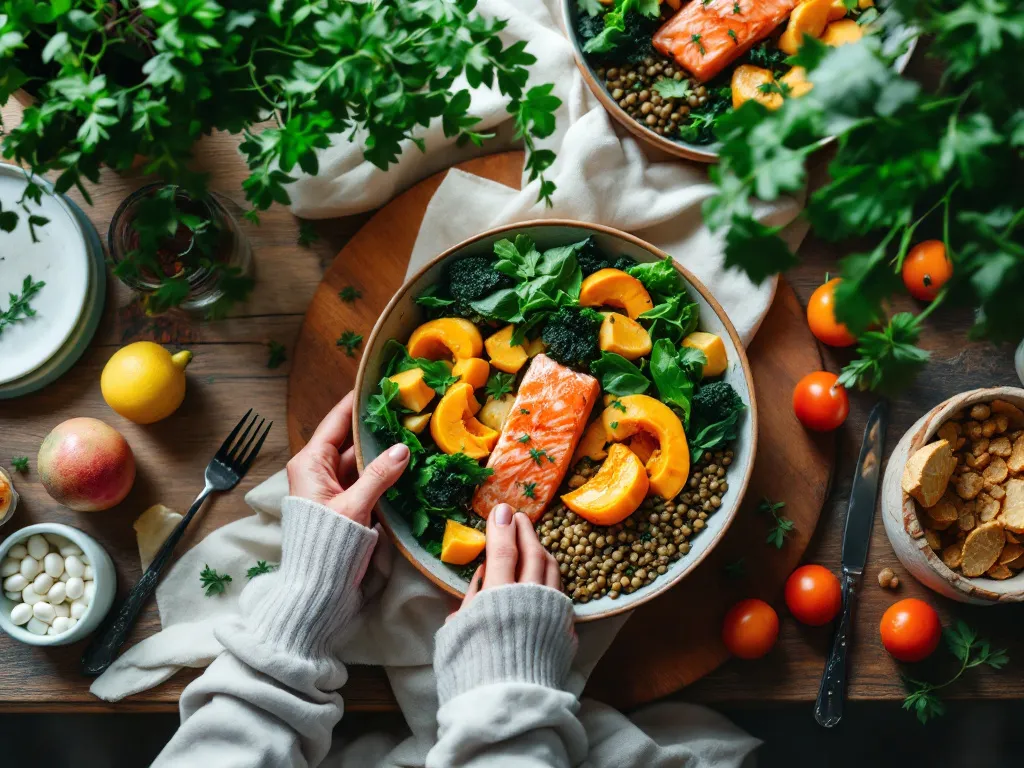 A bowl of whole foods on a warm wooden table