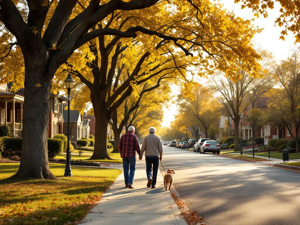 Tree-lined Omaha street in autumn light